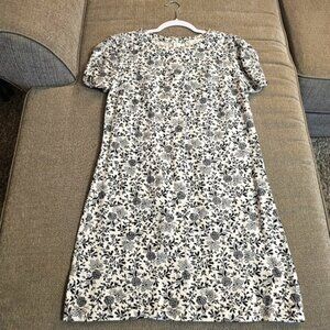 Loft Linen Blend Black White Floral Boho Cottage Midi Shift Dress Size 2